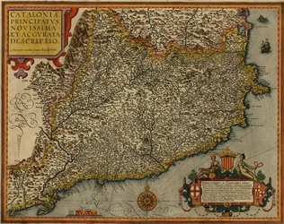 Kaart van Catalonië getiteld Cataloniae principatus novissima et accurata descriptio gedrukt in Antwerpen in 1608 door Jan Baptist Vrients